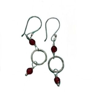 BNWT Sterling Silver earrings with small hammered circle and two red beads.